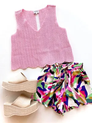 CR12188 Pink Knit V-Neck Tank Top