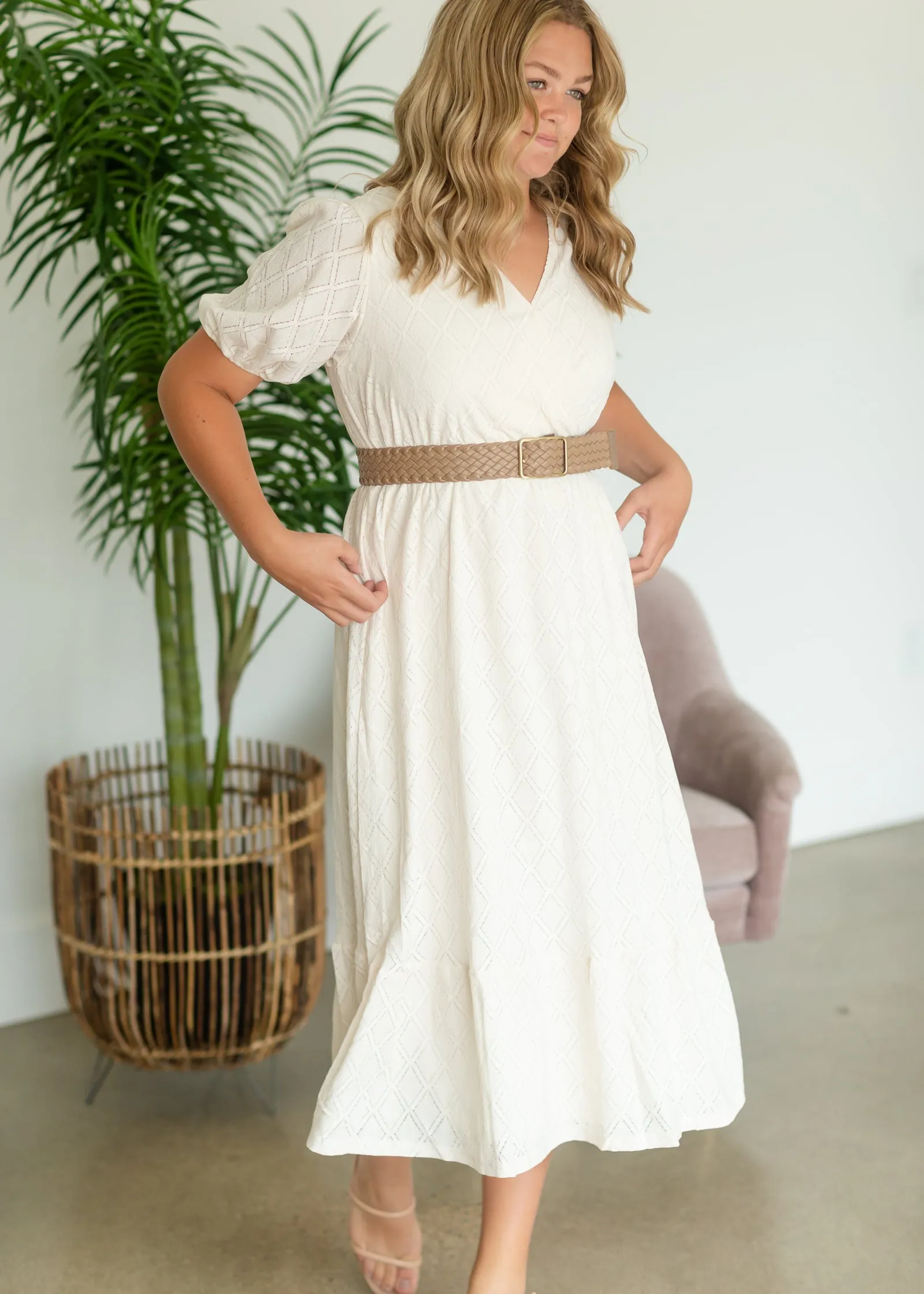 Cream Stretch Lace Midi Dress - FINAL SALE