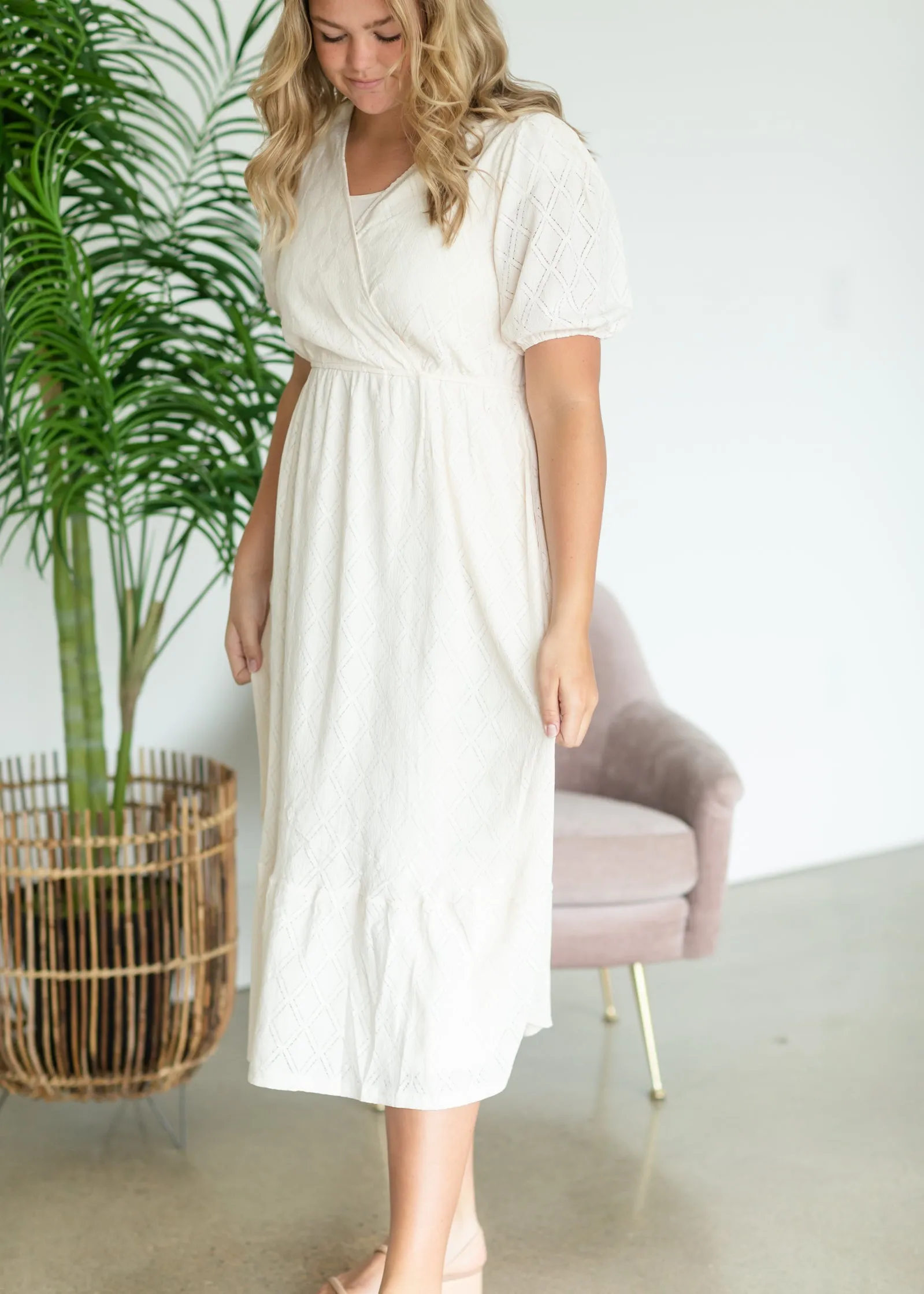 Cream Stretch Lace Midi Dress - FINAL SALE