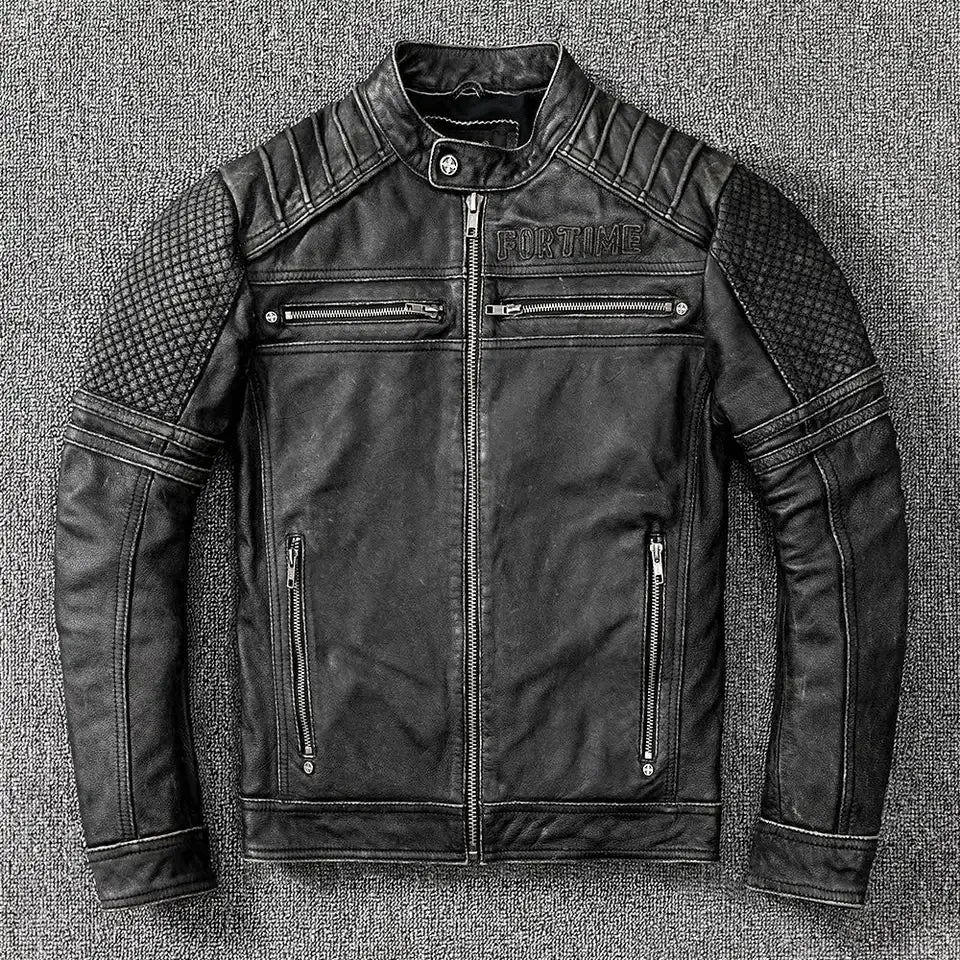 Crew Vintage Black Leather Biker Jacket