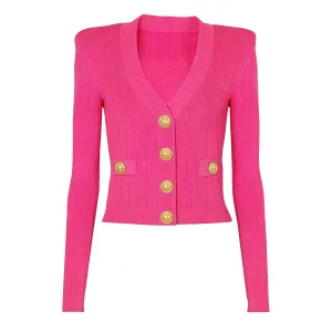 Cropped Fitted Cardigan with Gold Button Accents