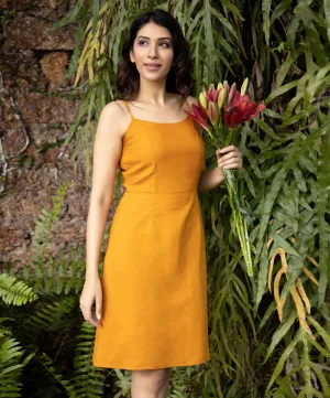 Deep Saffron Strappy Linen Shift Dress