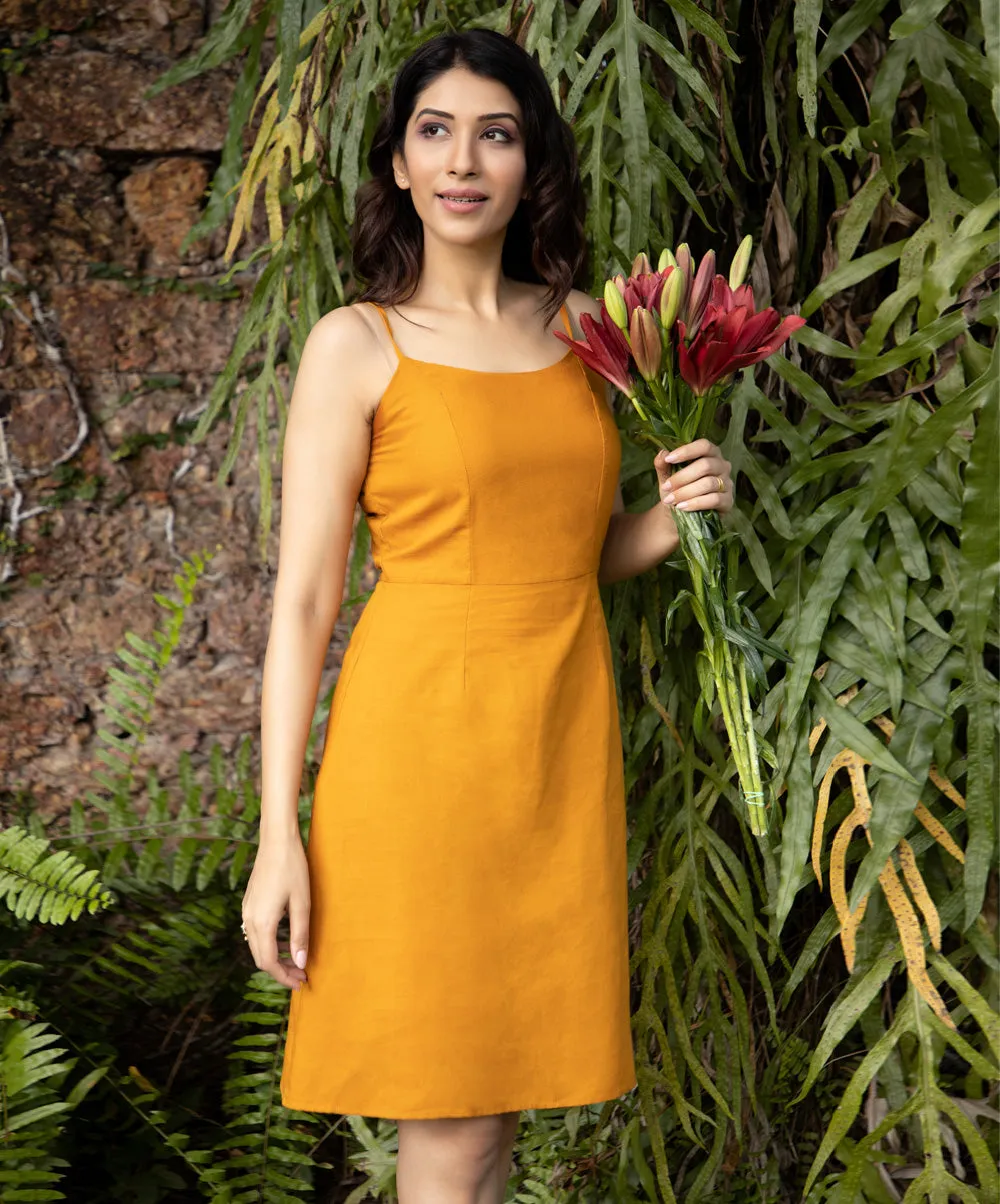 Deep Saffron Strappy Linen Shift Dress
