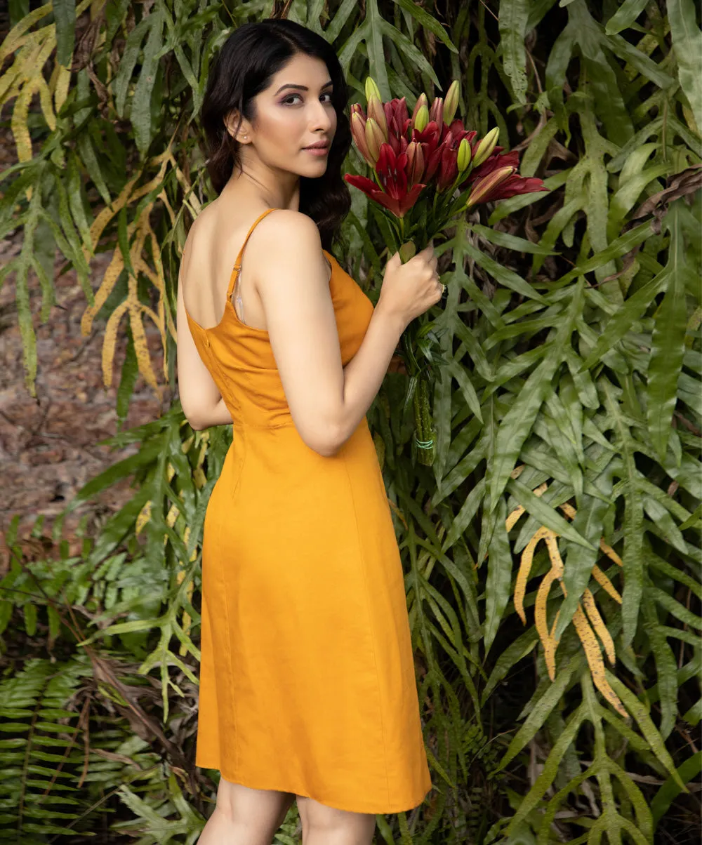 Deep Saffron Strappy Linen Shift Dress
