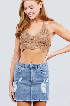 Deep V-neck Back Tied Crochet Cropped Sweater Bra Top