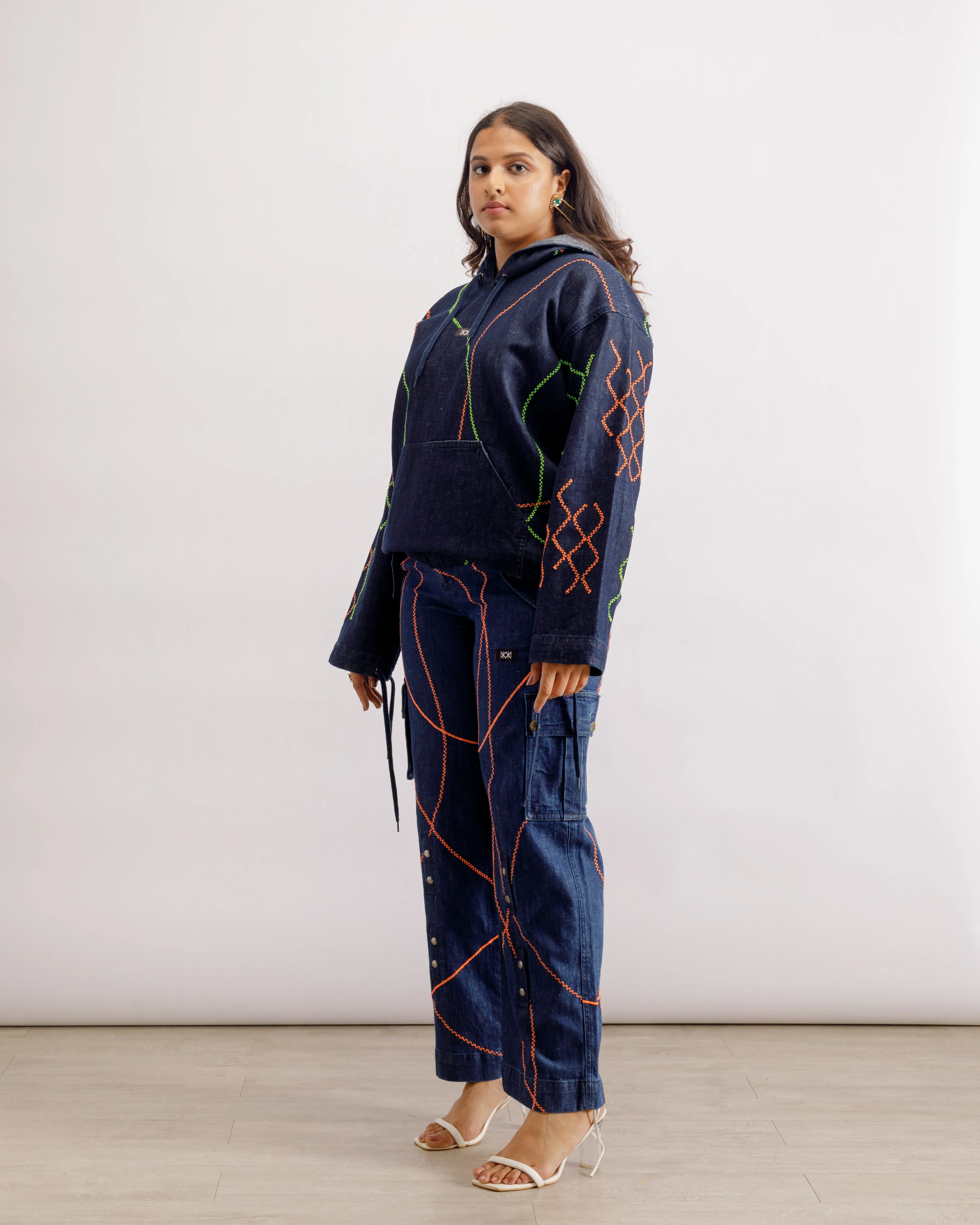 Denim Embroidered Hoodie - Unisex