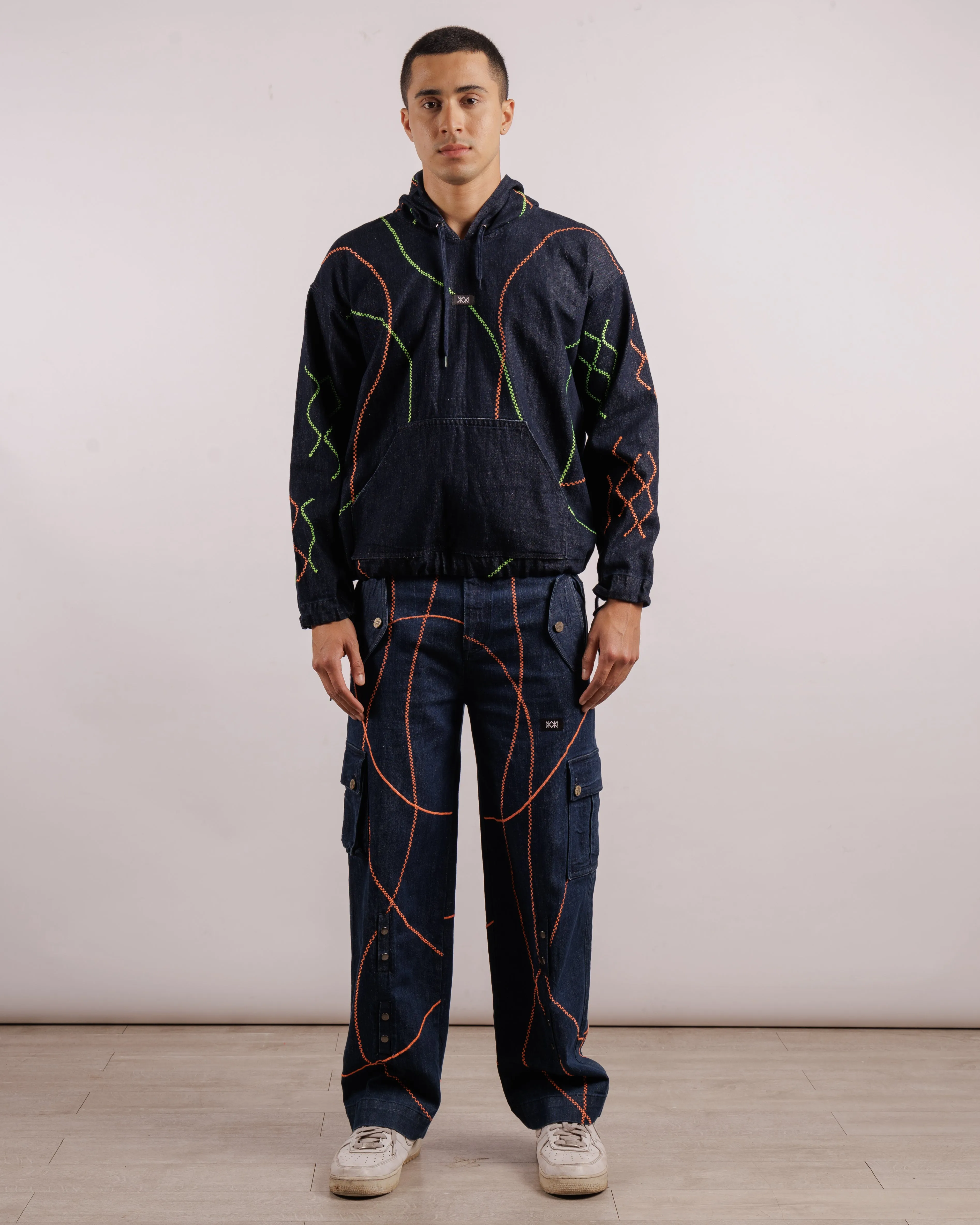 Denim Embroidered Hoodie - Unisex