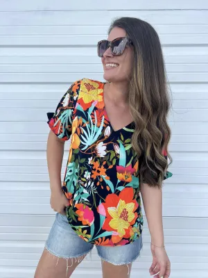 DOORBUSTER: Tropical Ruffle Sleeve V-Neck Top - Navy & Orange by Sew In Love (Ships in 2-3 Weeks)