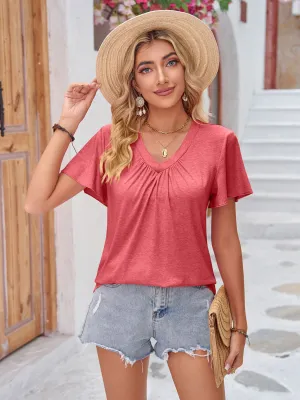 Double Take Ruched V-Neck Short Sleeve Top (3 Colors)