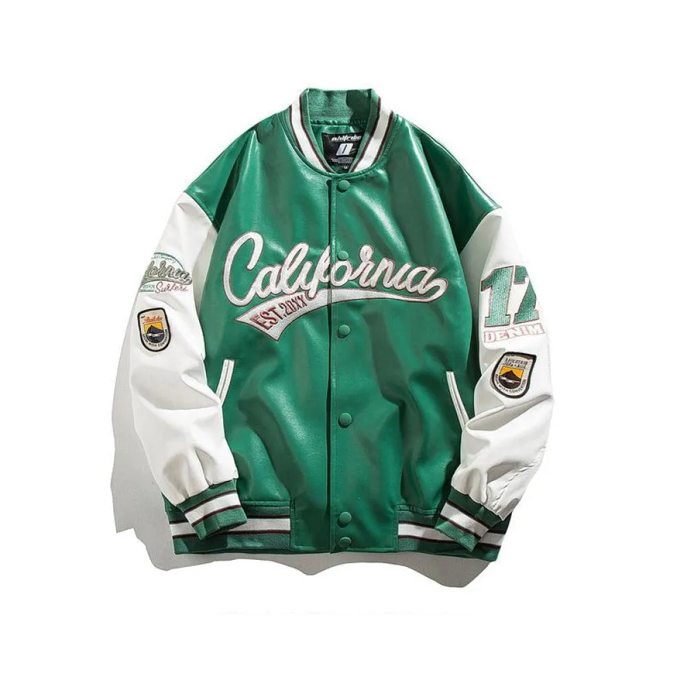 Embroidered PU Leather Baseball Jacket