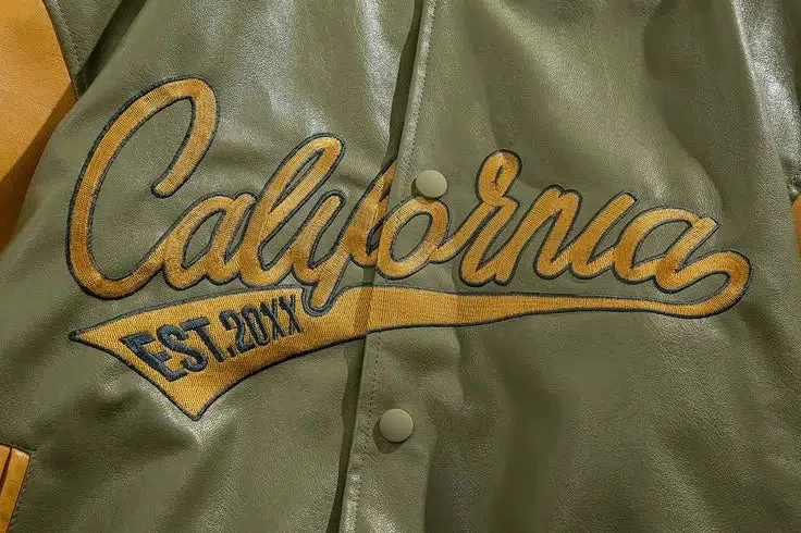 Embroidered PU Leather Baseball Jacket