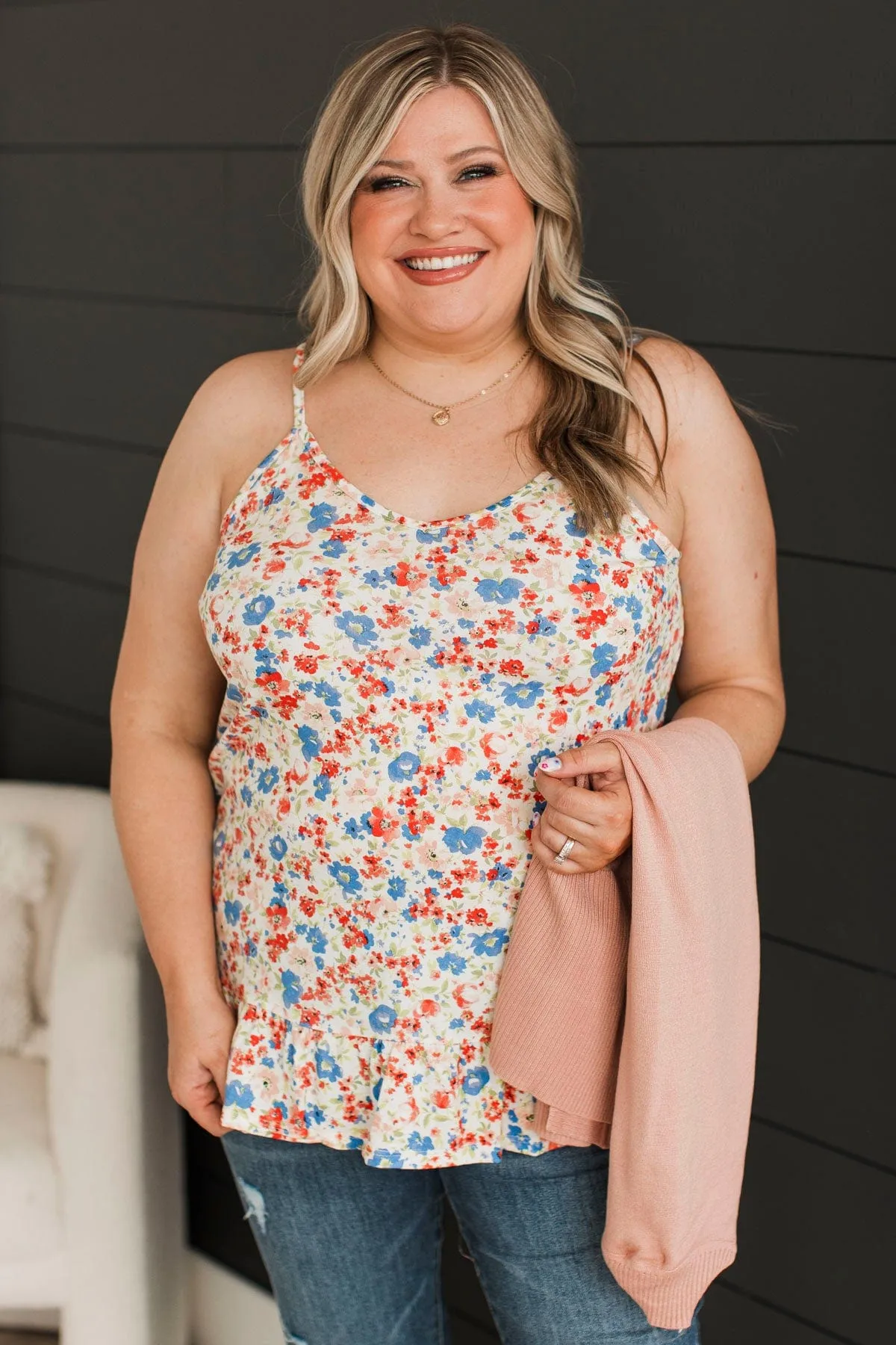 Every Word You Say Floral Tank Top- Ivory & Indigo