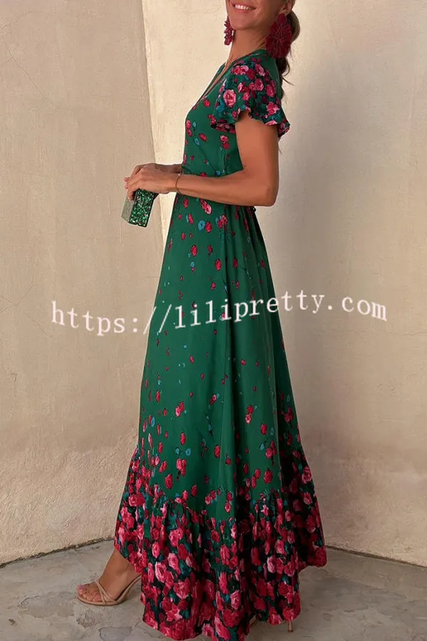 Falling Flowers Printed Ruffle Sleeve Wrap Loose Maxi Dress