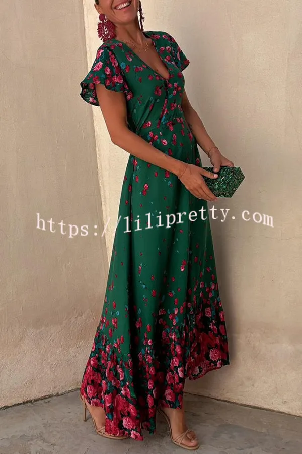 Falling Flowers Printed Ruffle Sleeve Wrap Loose Maxi Dress