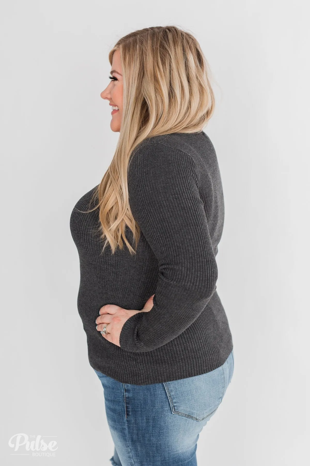 Fitted V-Neck Long Sleeve Top - Charcoal