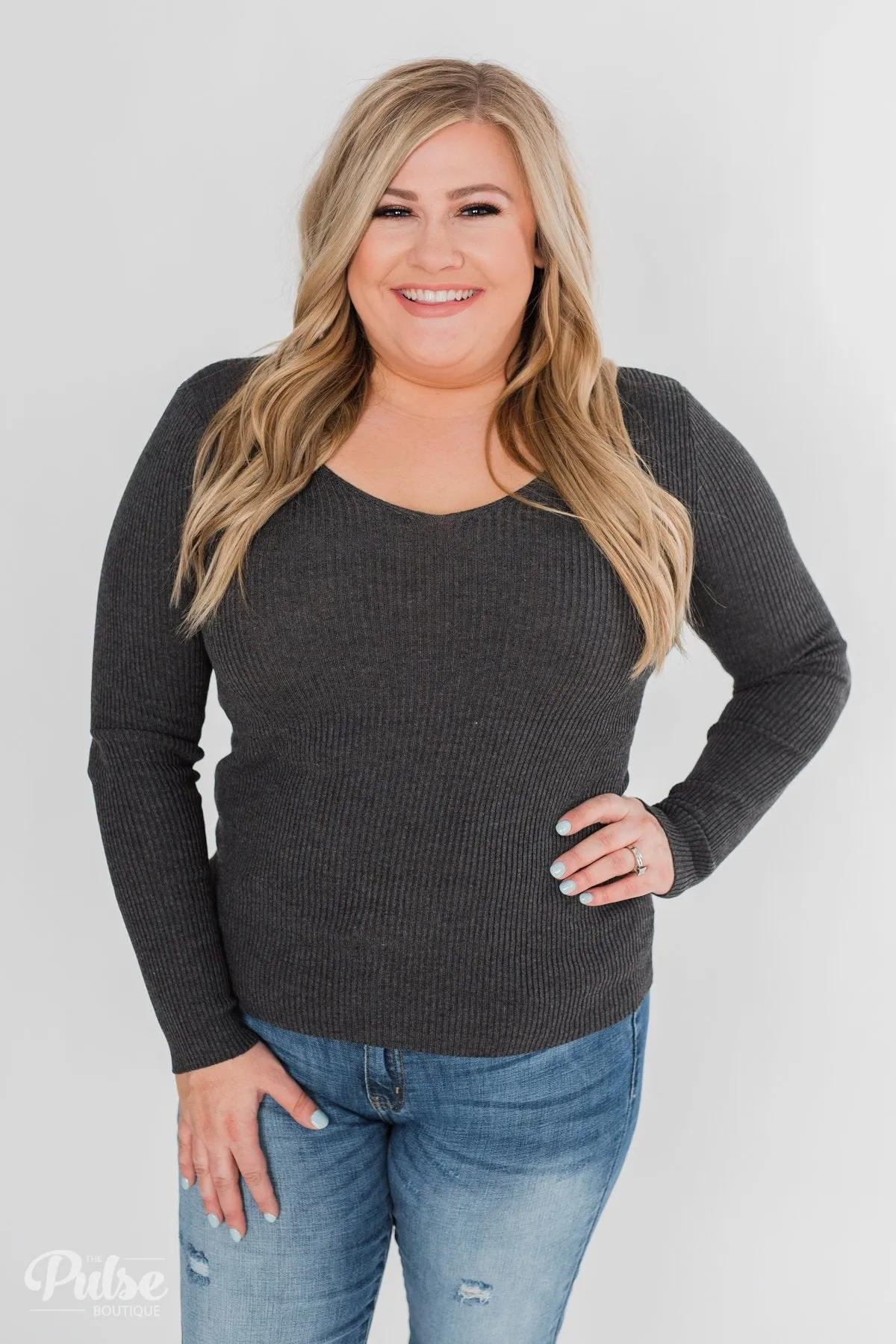 Fitted V-Neck Long Sleeve Top - Charcoal