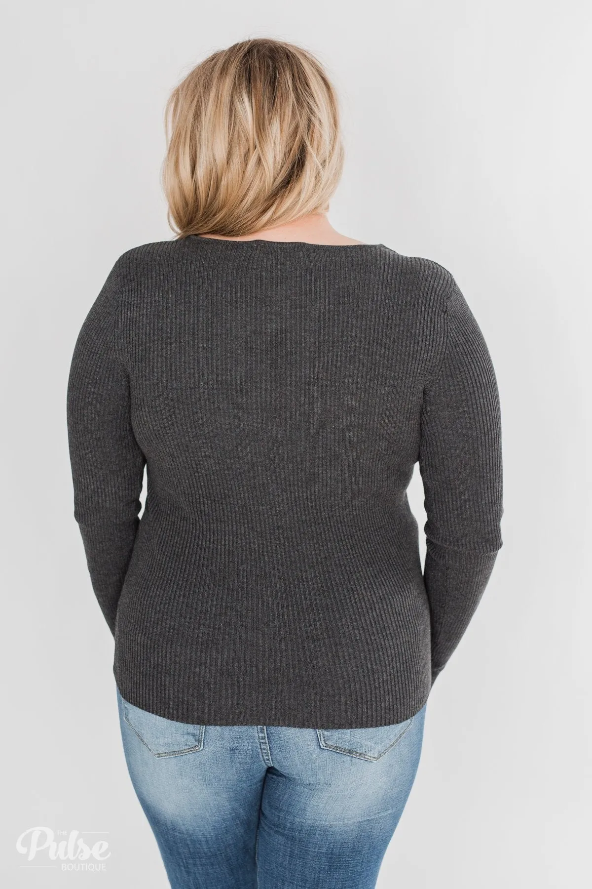 Fitted V-Neck Long Sleeve Top - Charcoal