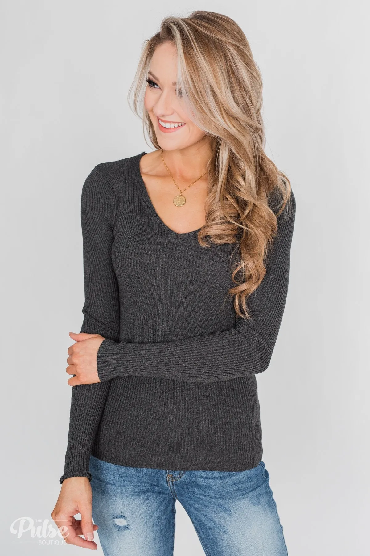 Fitted V-Neck Long Sleeve Top - Charcoal