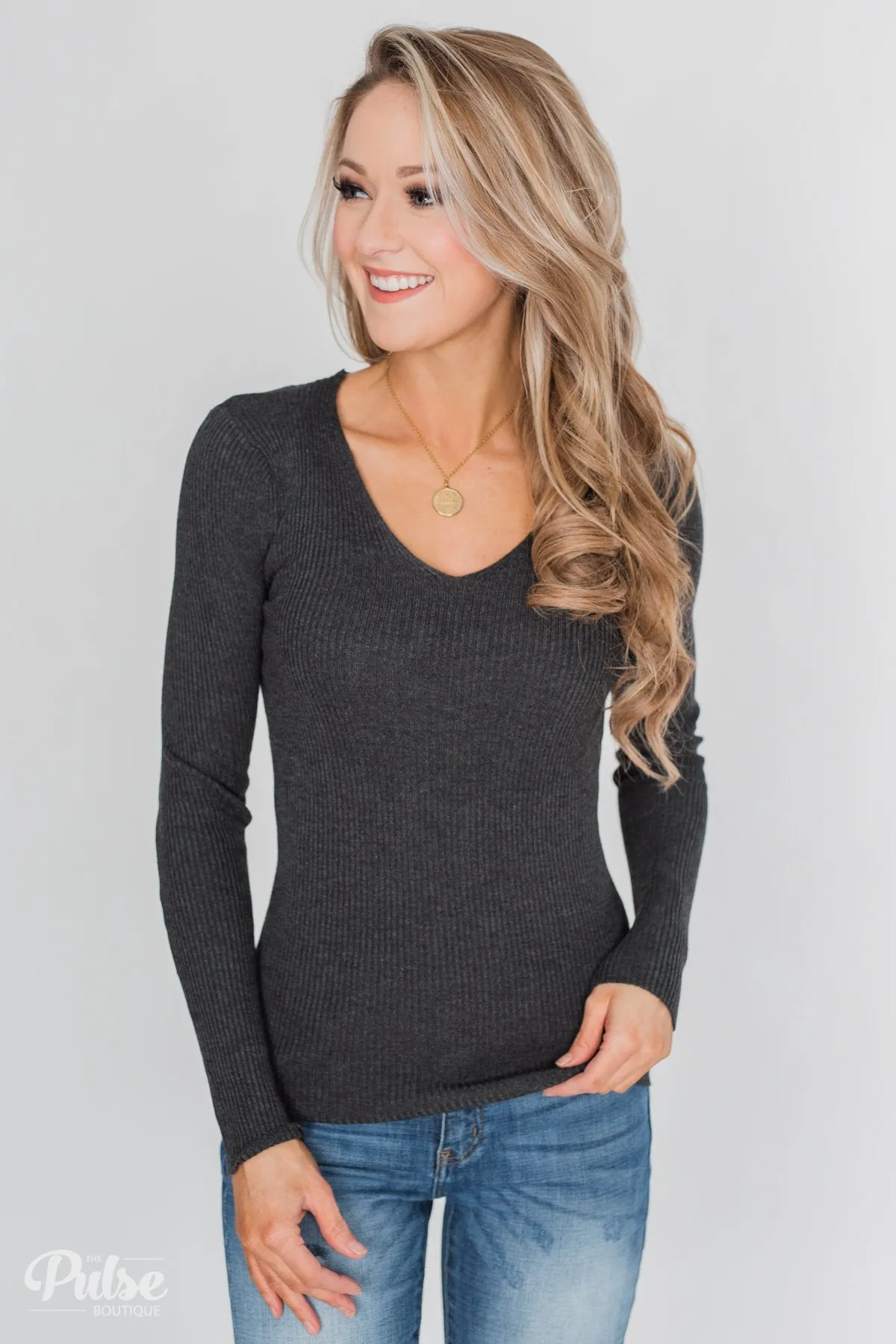 Fitted V-Neck Long Sleeve Top - Charcoal