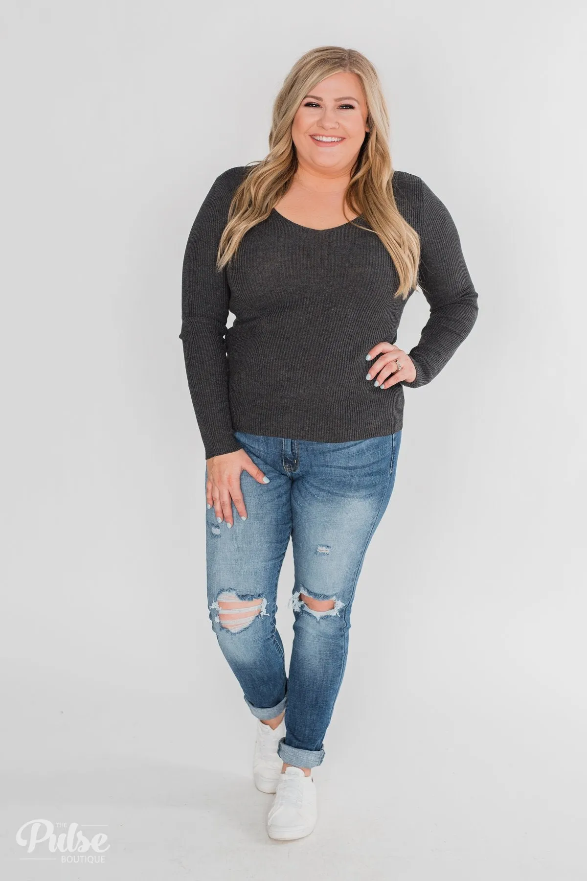 Fitted V-Neck Long Sleeve Top - Charcoal