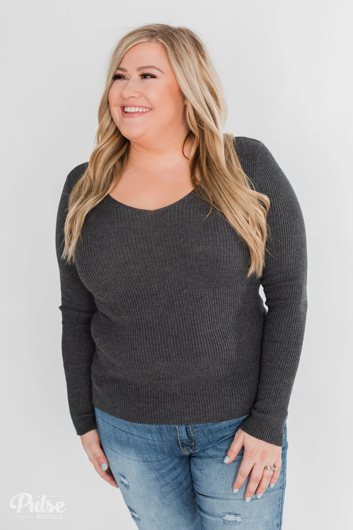 Fitted V-Neck Long Sleeve Top - Charcoal
