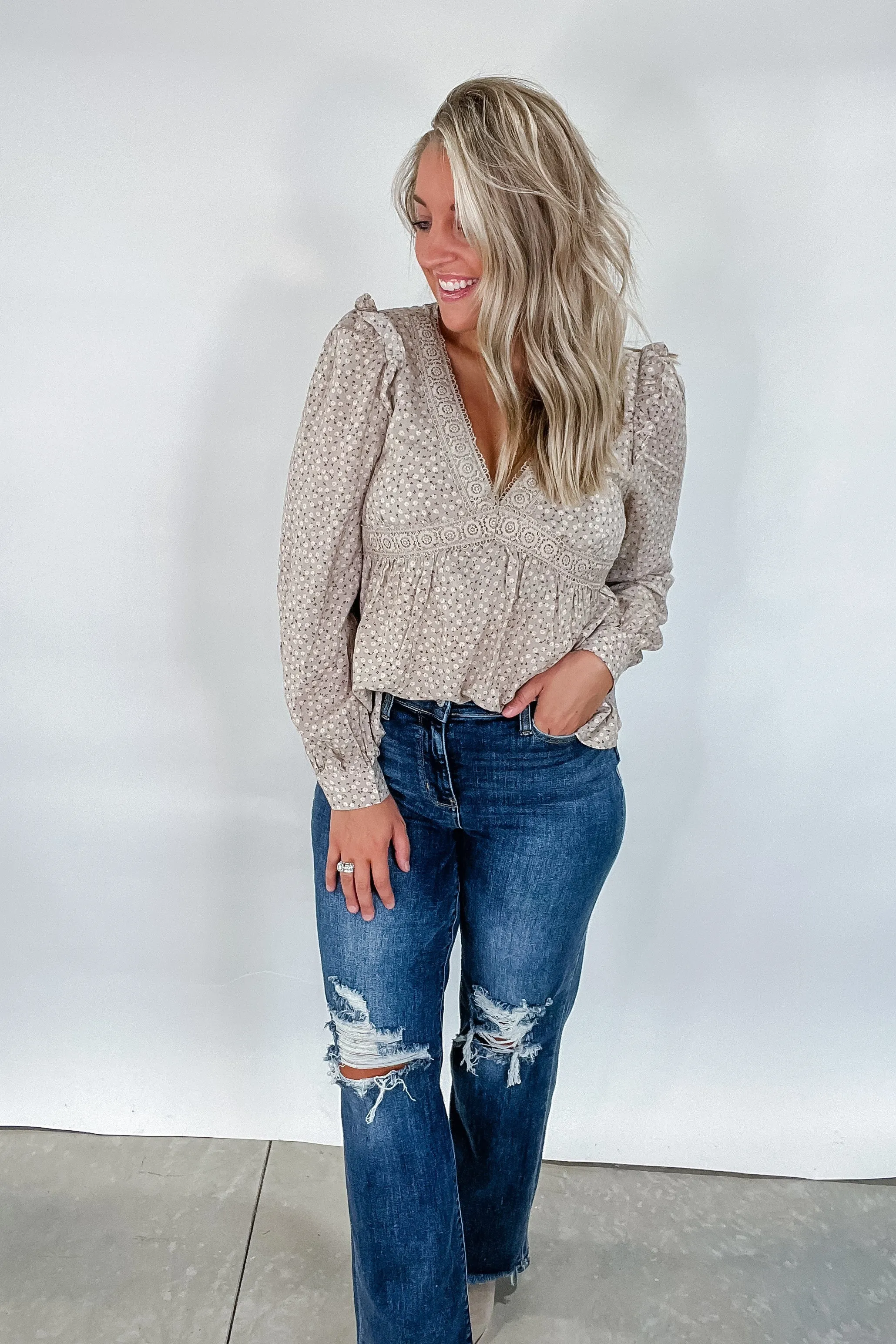 Flaunt Your Floral- Taupe Floral V-Neck Top w/ Lace Detail