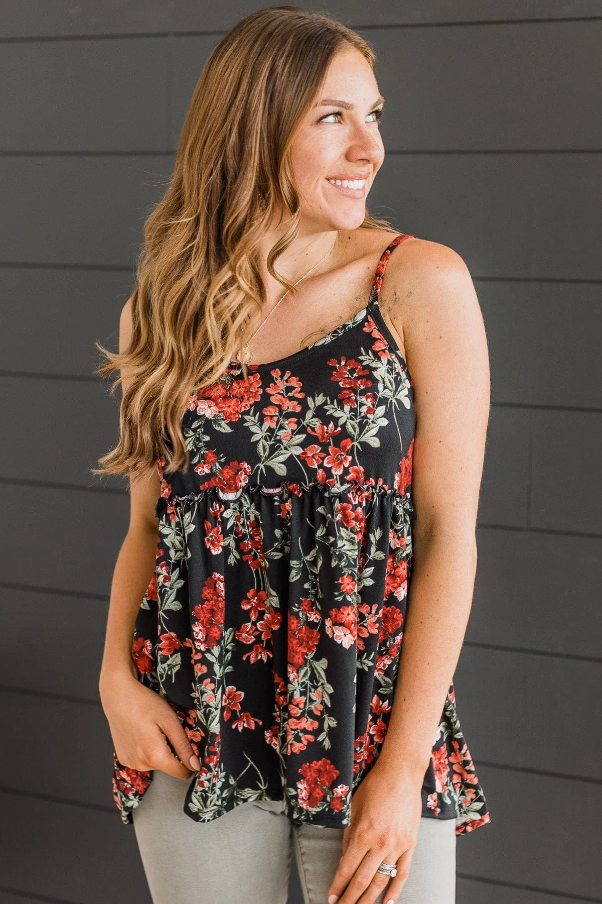 Flirting With Fate Floral Tank Top- Black