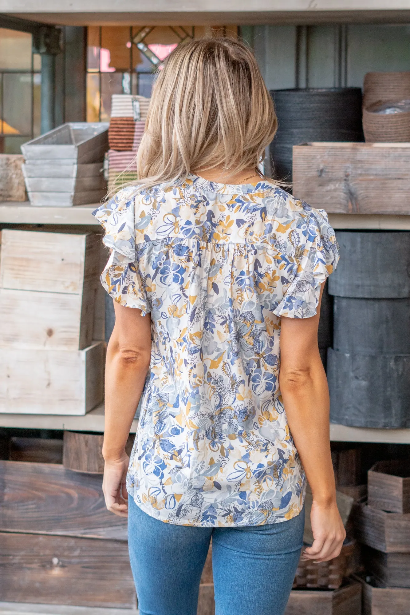 Floral Blue Ruffle Blouse