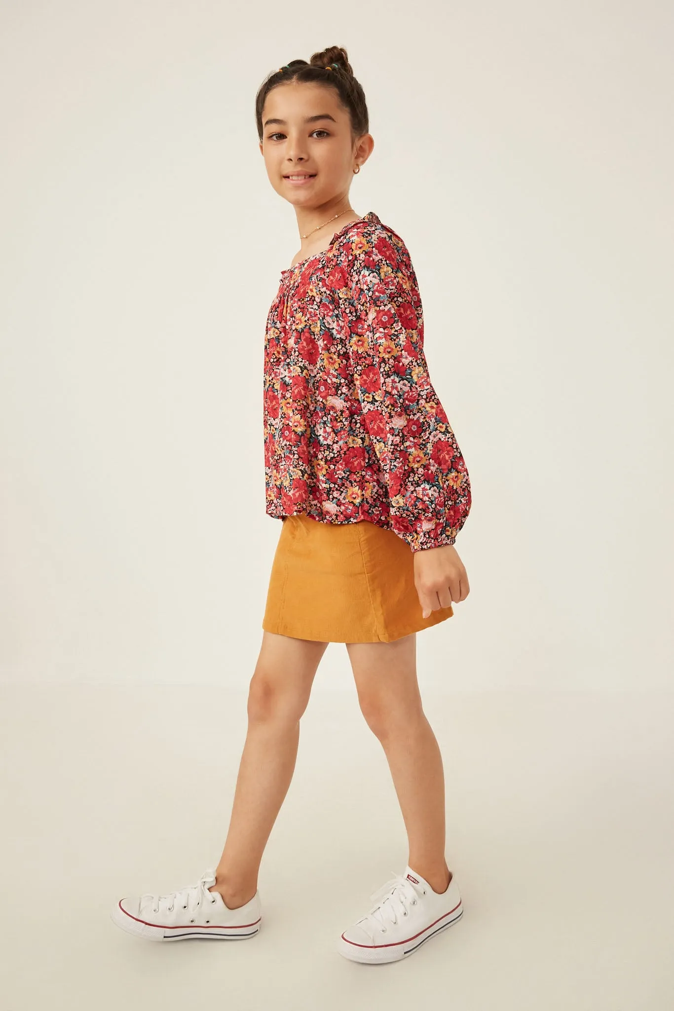 Floral Print Ruffle Shoulder Long Sleeve Textured Top