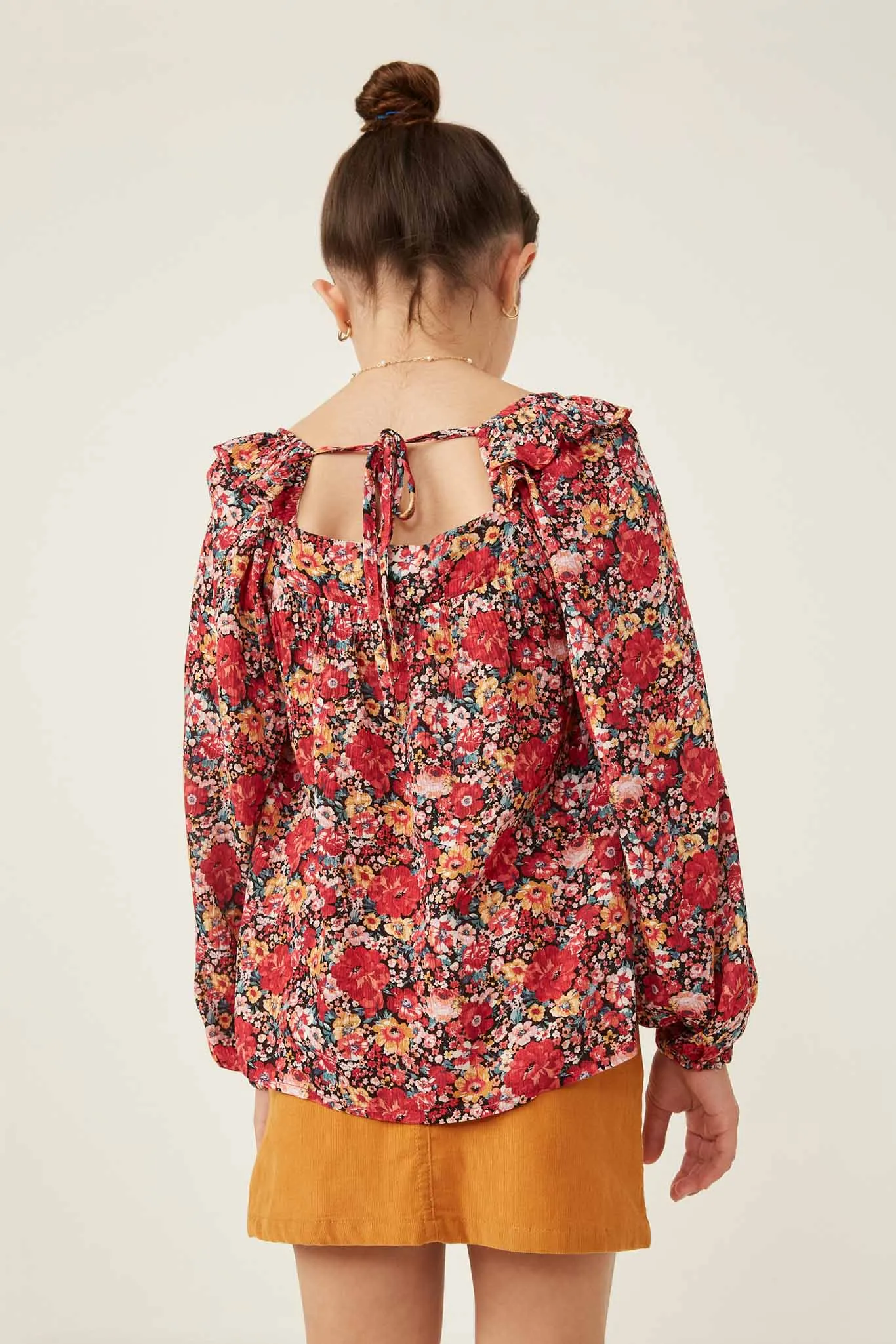 Floral Print Ruffle Shoulder Long Sleeve Textured Top