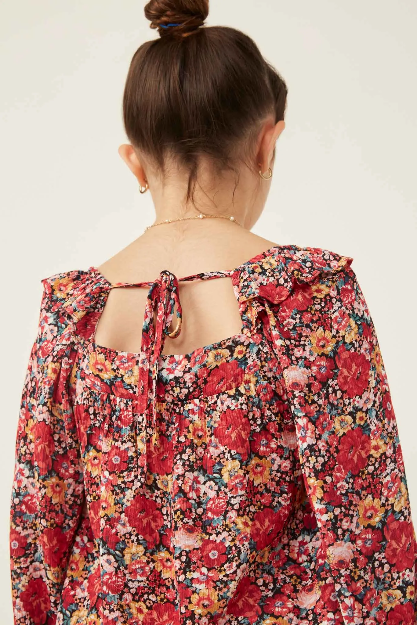 Floral Print Ruffle Shoulder Long Sleeve Textured Top