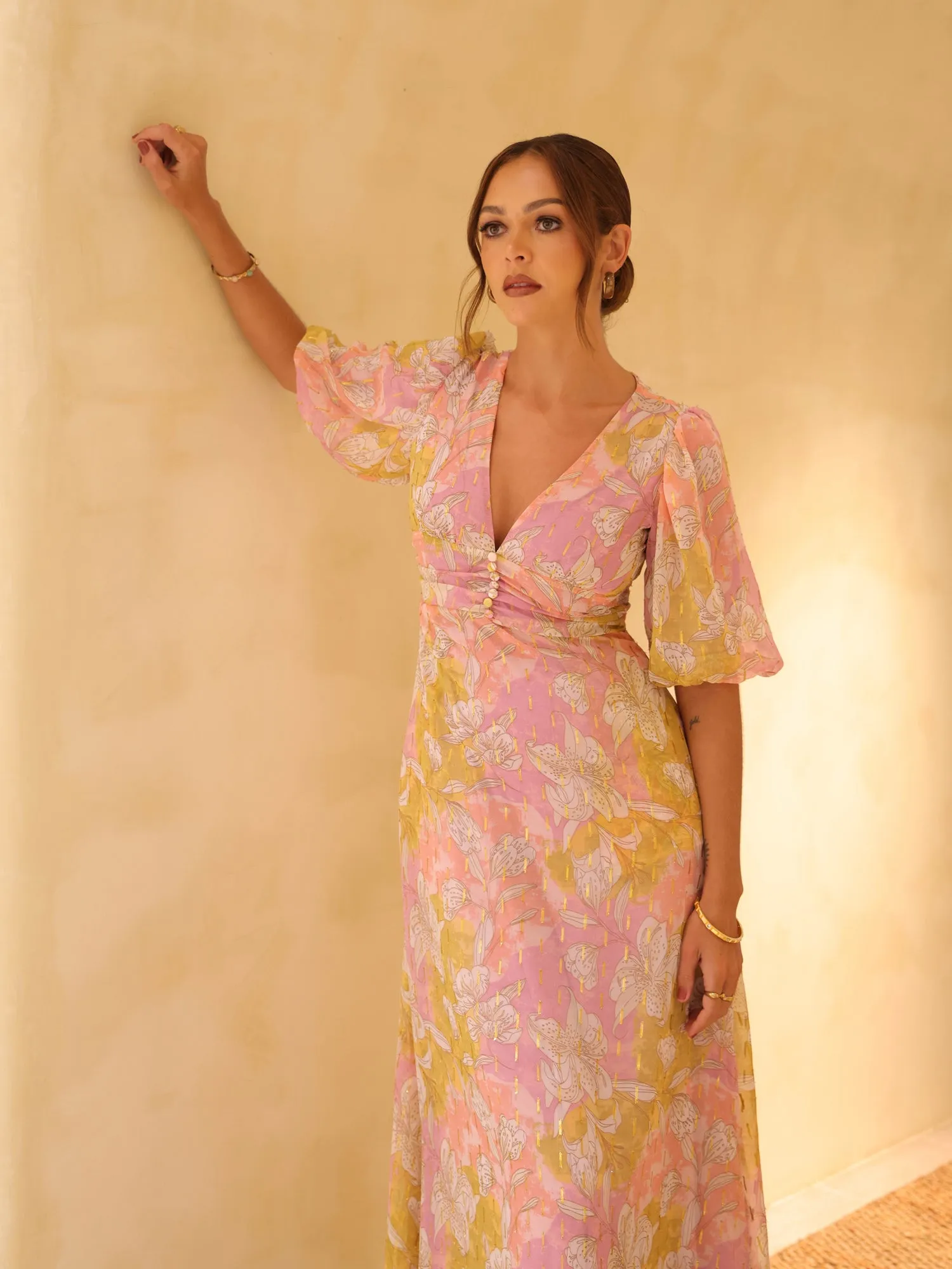 Floral Printed Puff Sleeved Maxi Dress