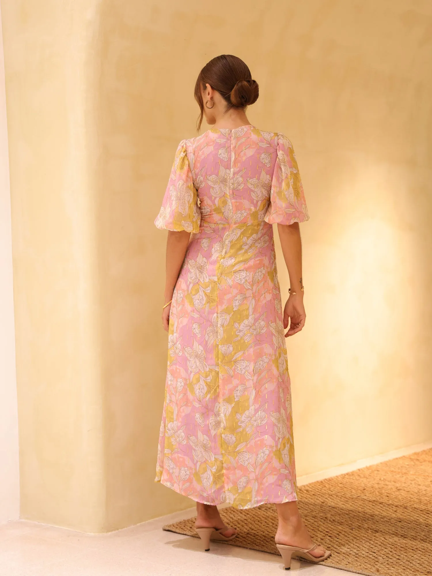 Floral Printed Puff Sleeved Maxi Dress