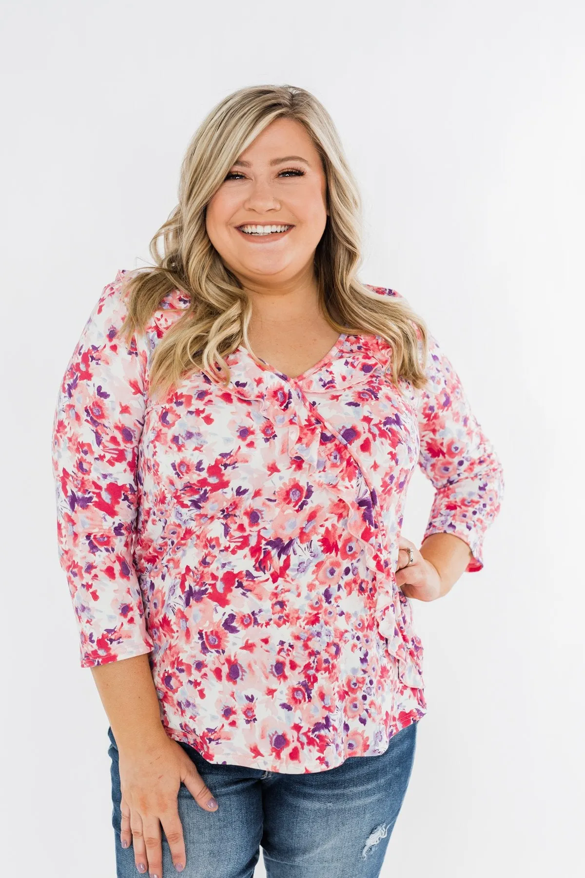 Floral Ruffle 3/4 Sleeve Top- Pink, Purple, Blue