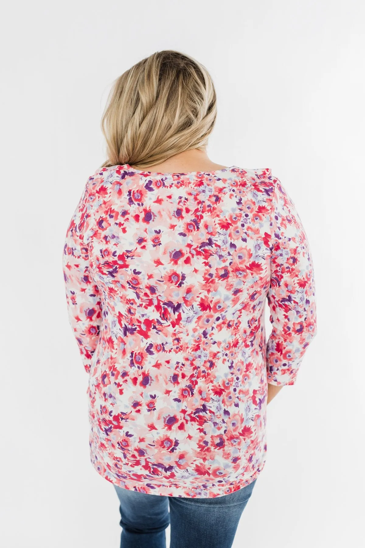 Floral Ruffle 3/4 Sleeve Top- Pink, Purple, Blue