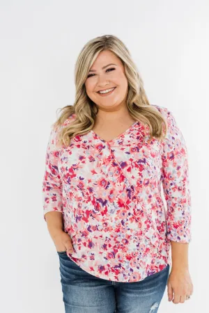 Floral Ruffle 3/4 Sleeve Top- Pink, Purple, Blue
