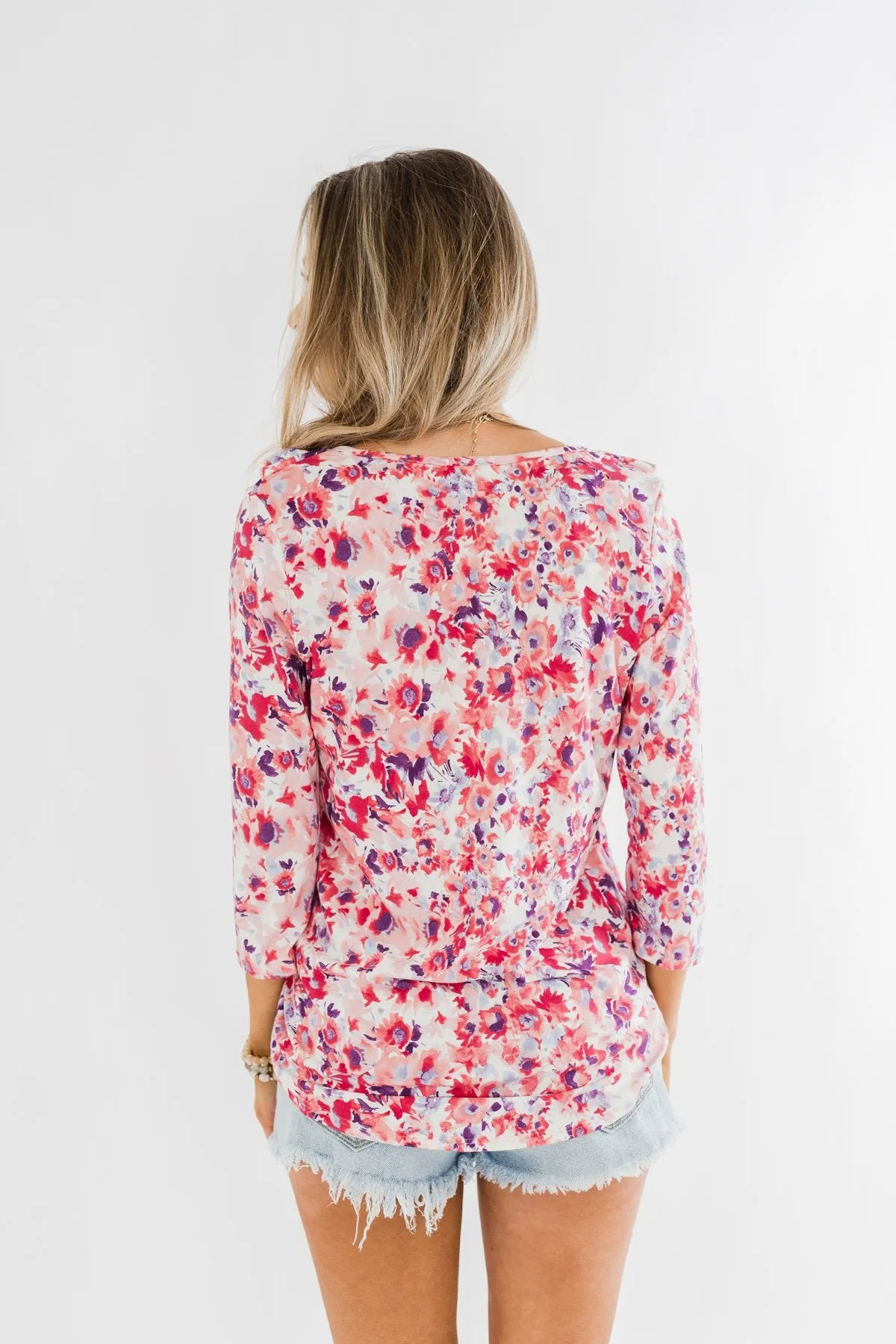 Floral Ruffle 3/4 Sleeve Top- Pink, Purple, Blue