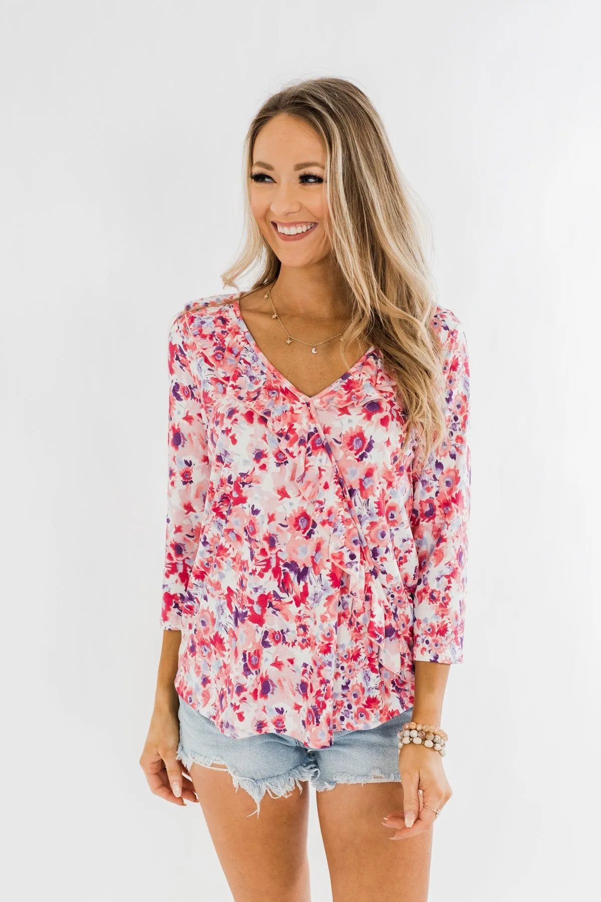 Floral Ruffle 3/4 Sleeve Top- Pink, Purple, Blue