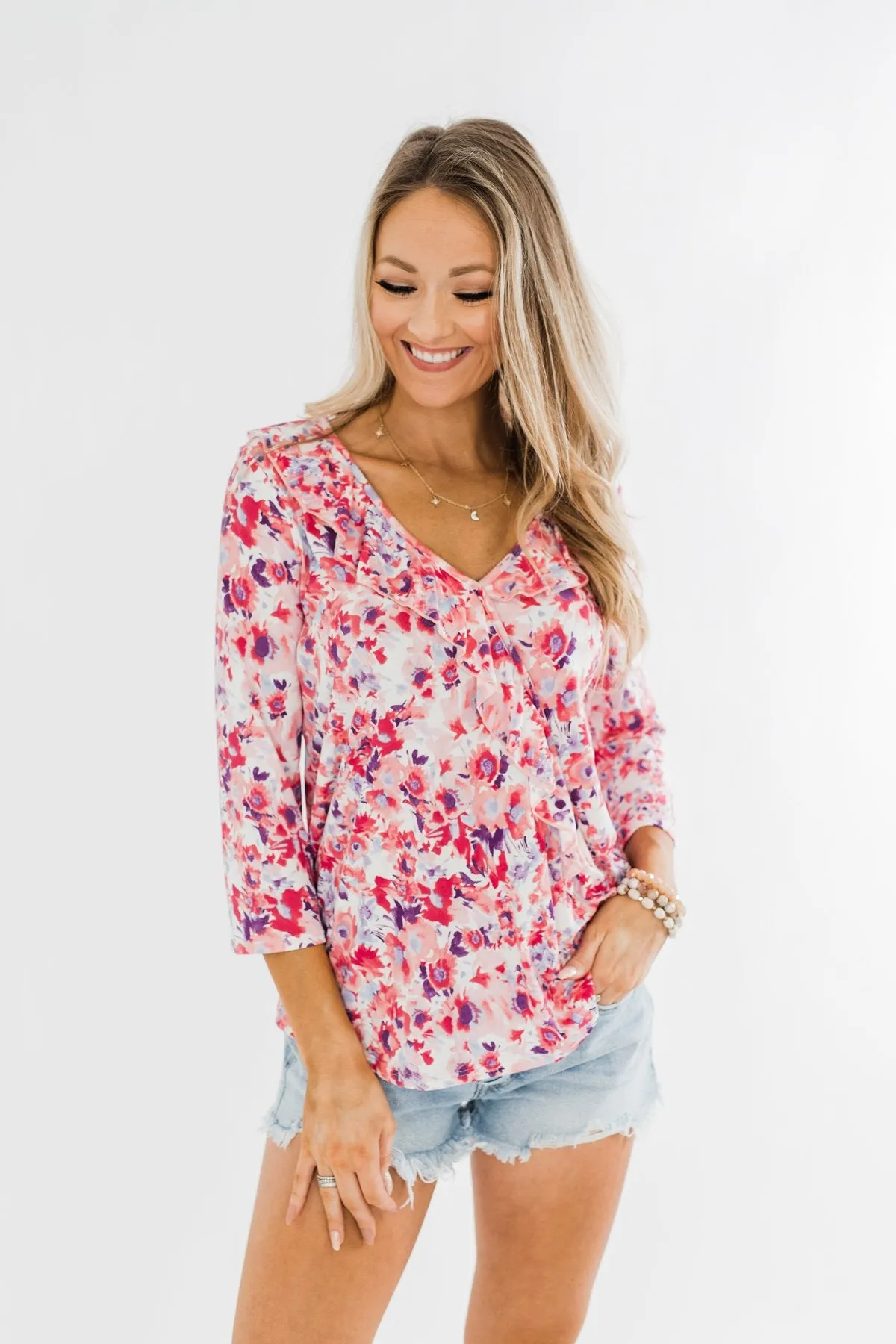 Floral Ruffle 3/4 Sleeve Top- Pink, Purple, Blue