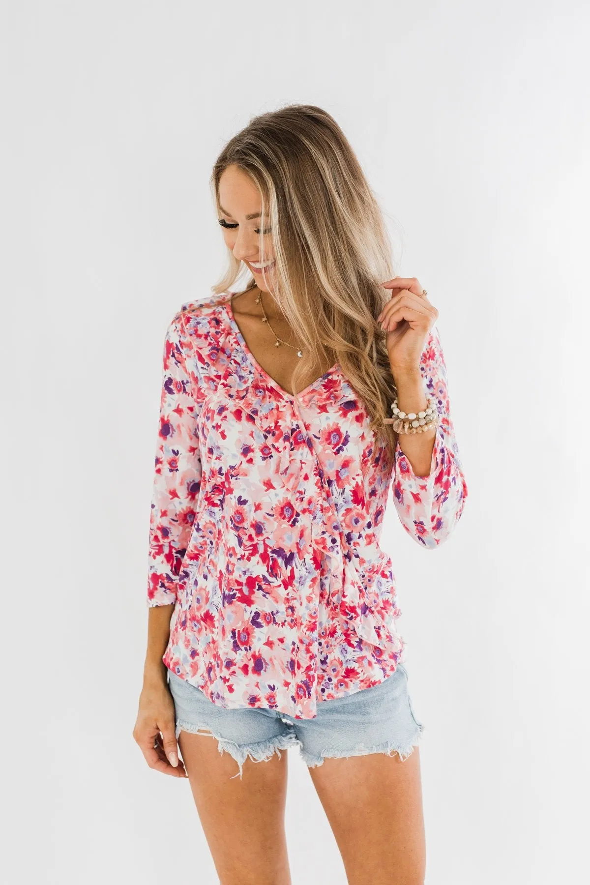 Floral Ruffle 3/4 Sleeve Top- Pink, Purple, Blue