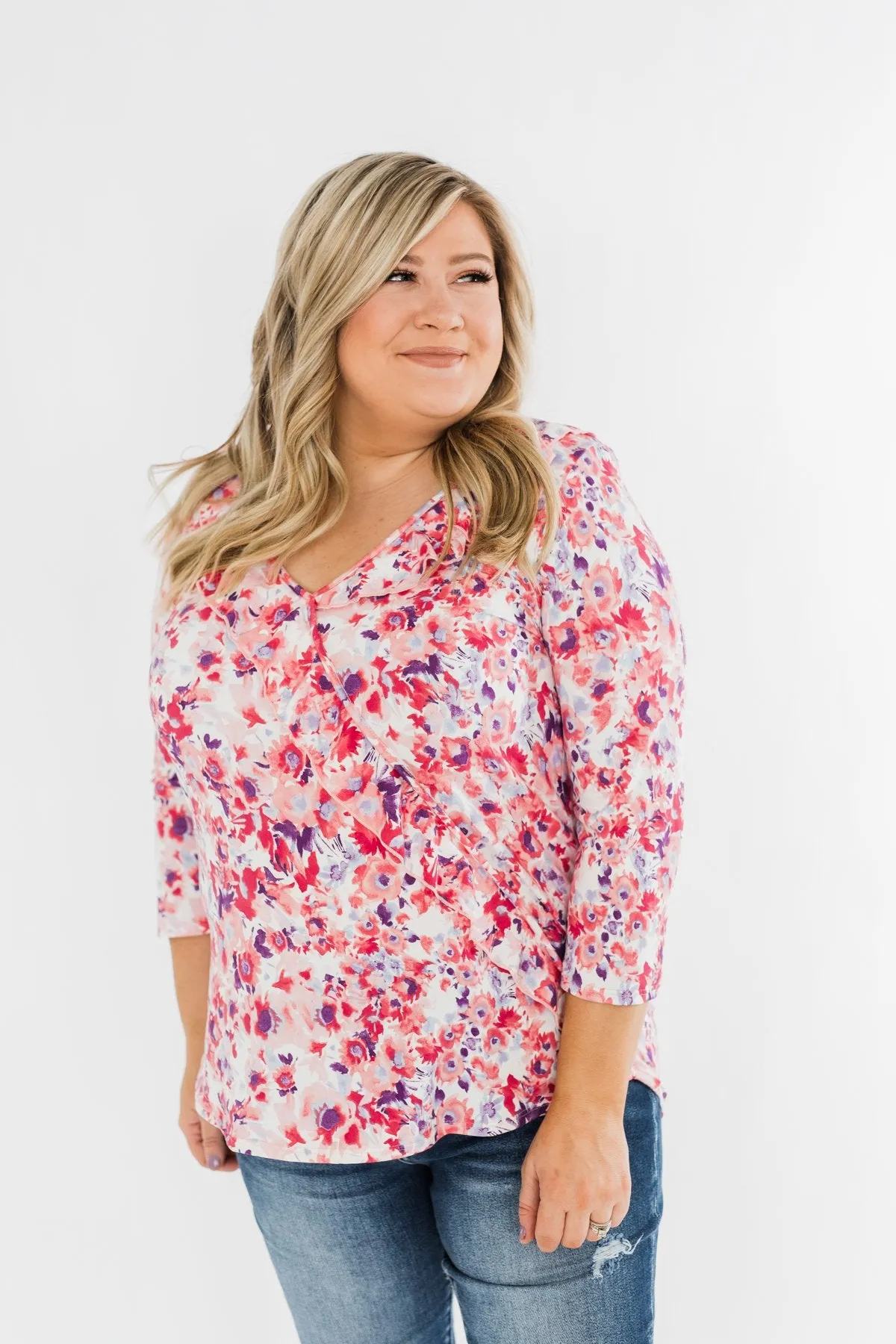 Floral Ruffle 3/4 Sleeve Top- Pink, Purple, Blue
