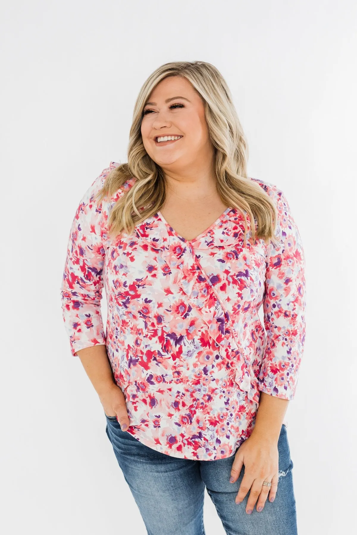 Floral Ruffle 3/4 Sleeve Top- Pink, Purple, Blue