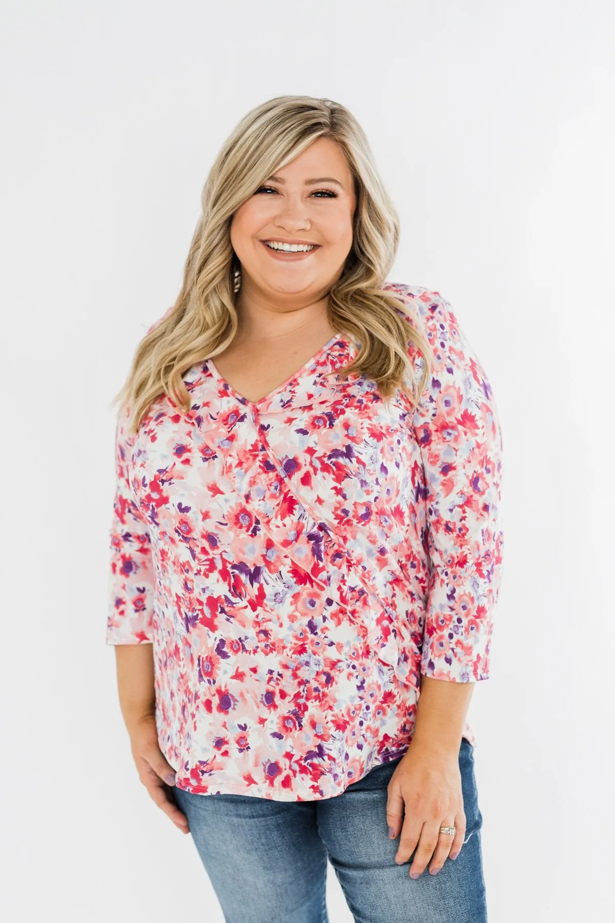 Floral Ruffle 3/4 Sleeve Top- Pink, Purple, Blue