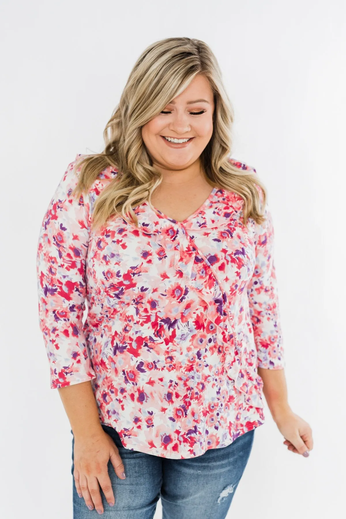 Floral Ruffle 3/4 Sleeve Top- Pink, Purple, Blue