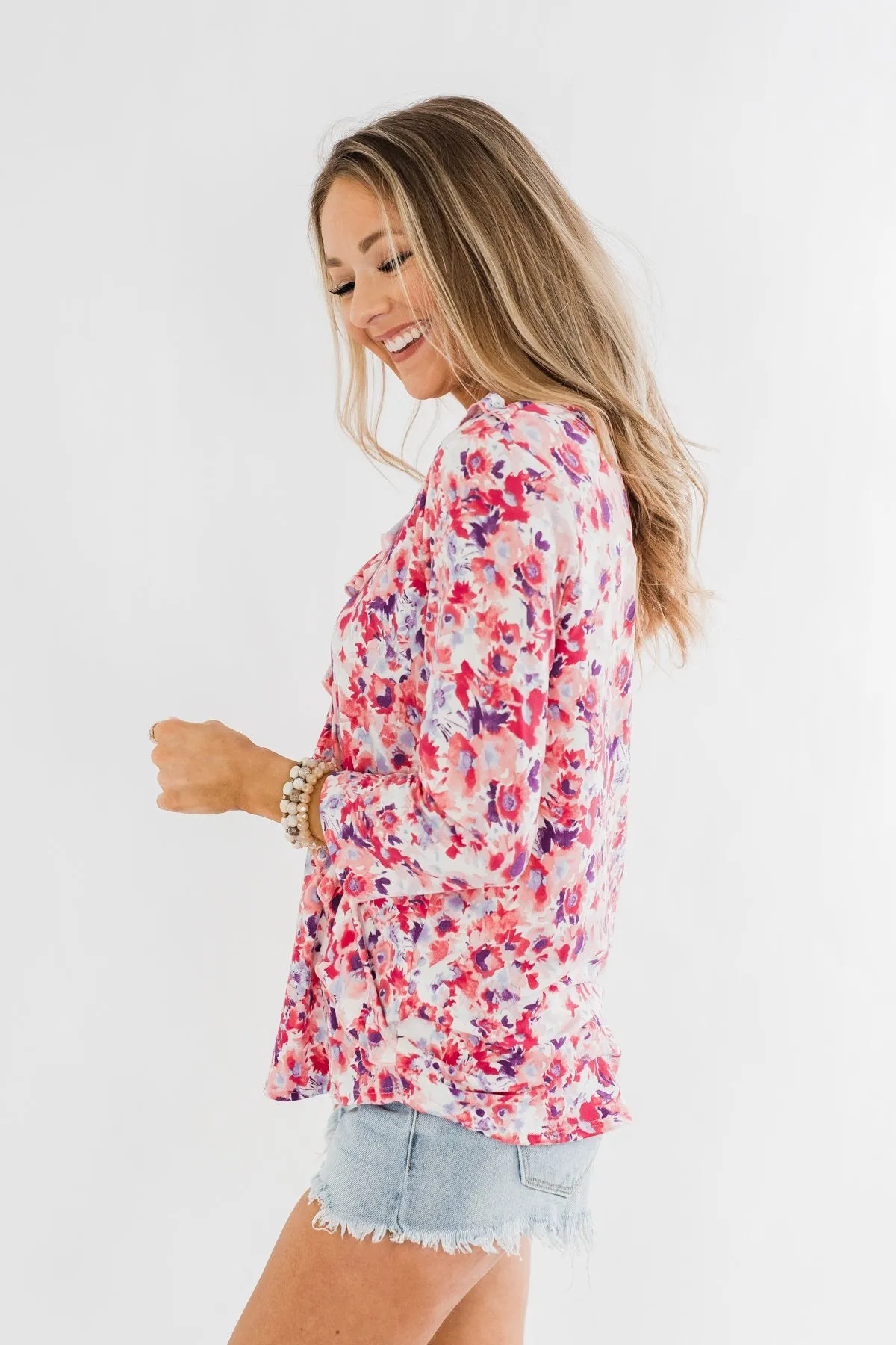Floral Ruffle 3/4 Sleeve Top- Pink, Purple, Blue