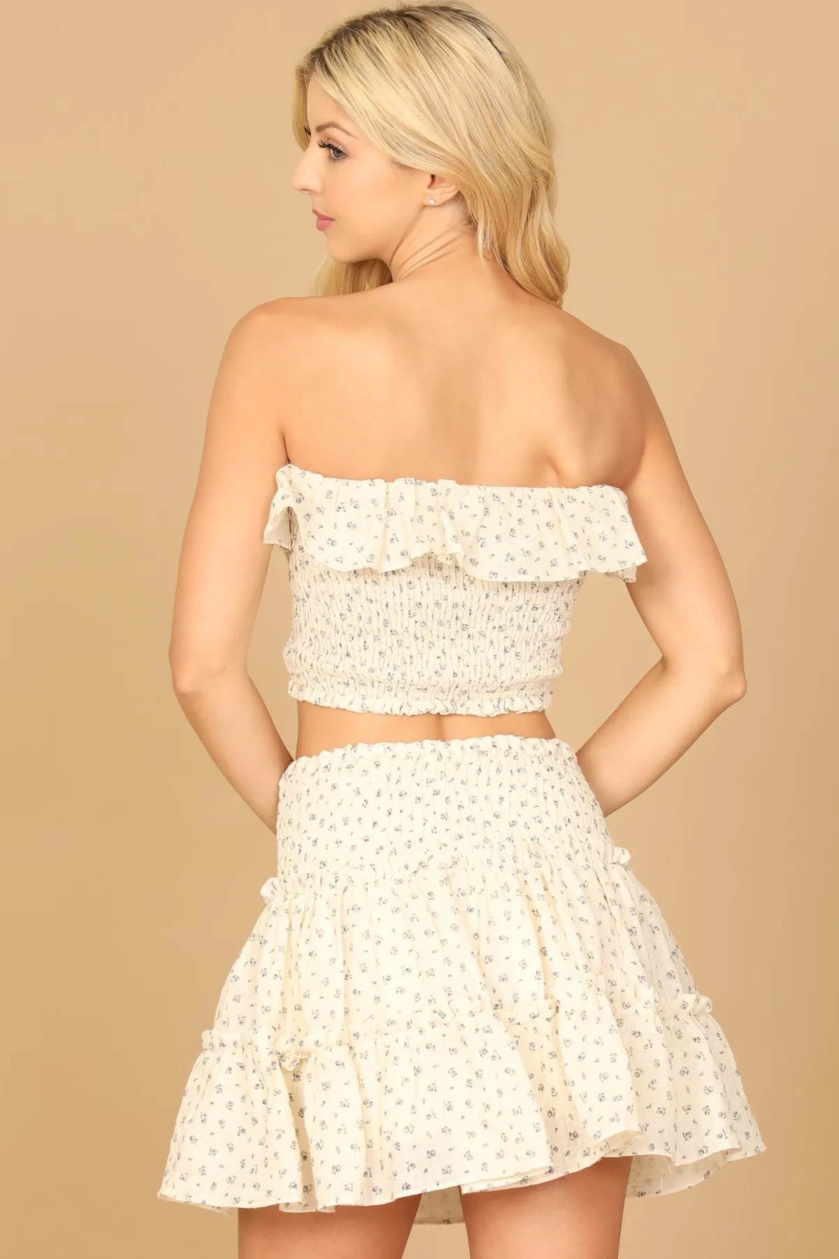 FLORAL TUBE RUFFLE CROP TOP & SMOCKED SKIRT SET