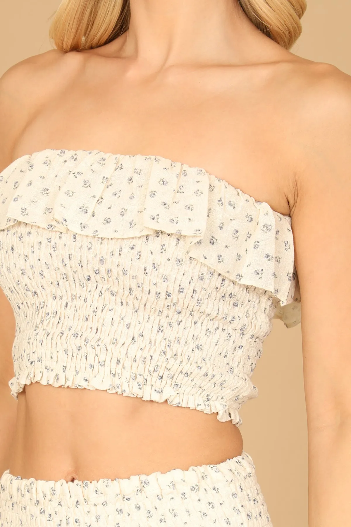 FLORAL TUBE RUFFLE CROP TOP & SMOCKED SKIRT SET