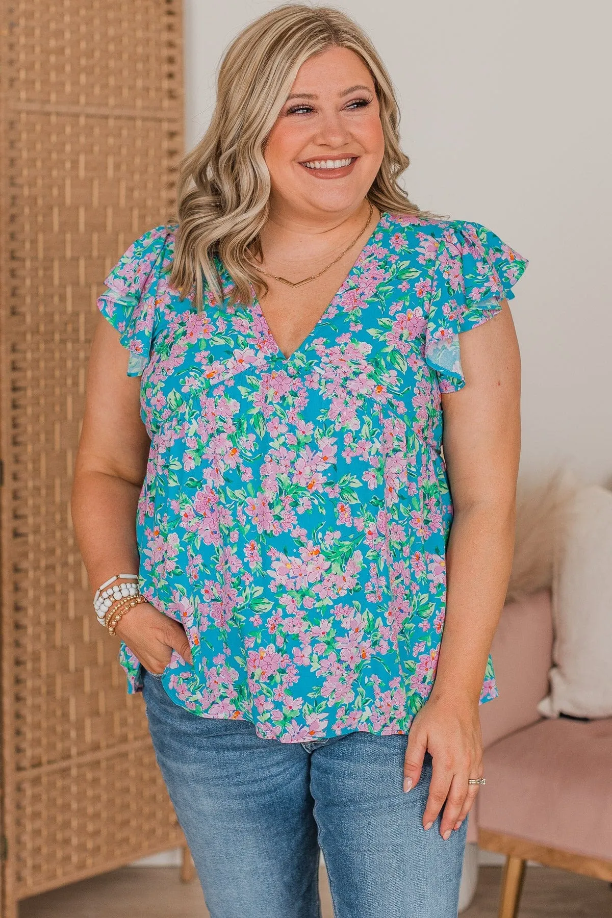 For A Moment Floral Babydoll Blouse- Blue & Pink