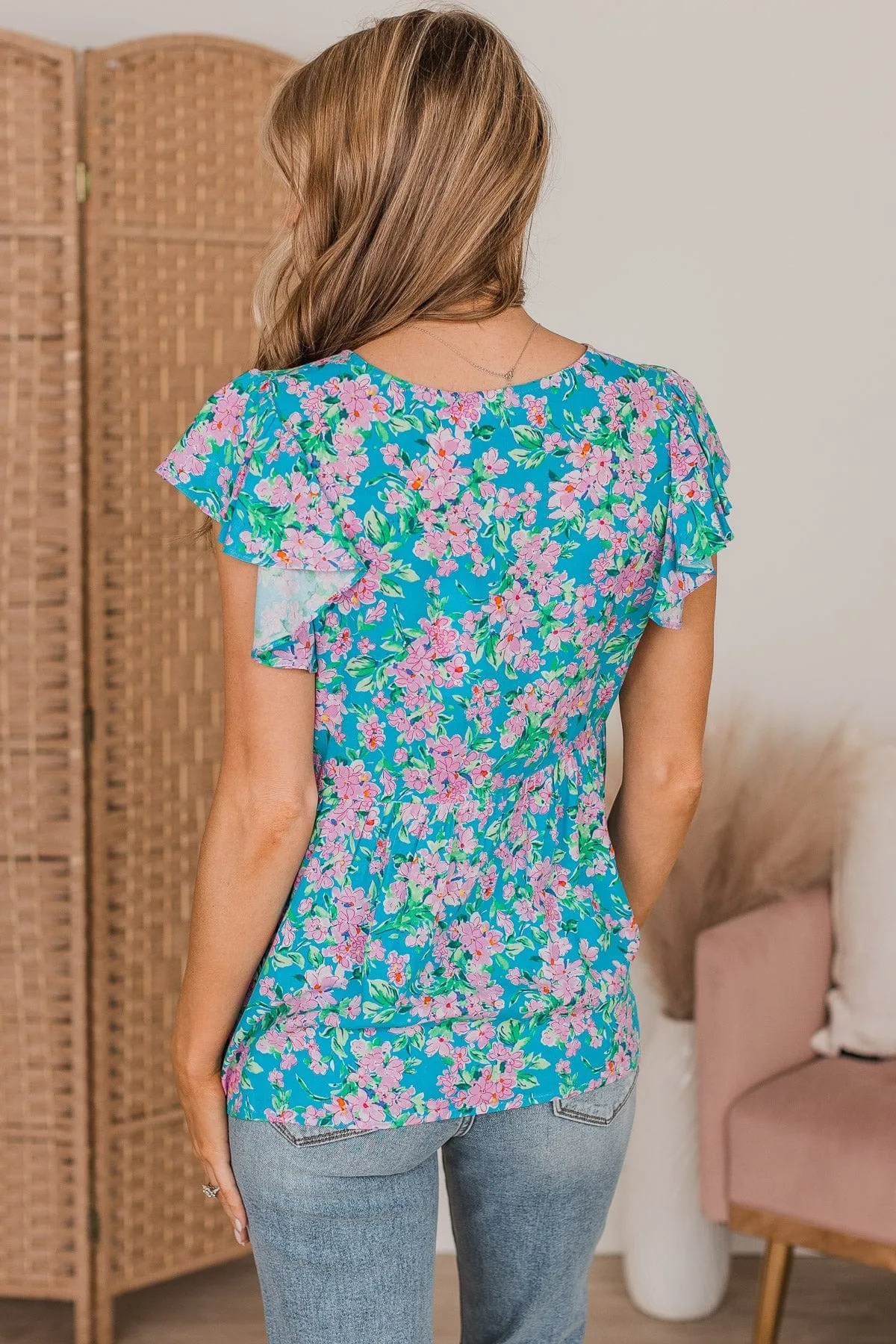 For A Moment Floral Babydoll Blouse- Blue & Pink