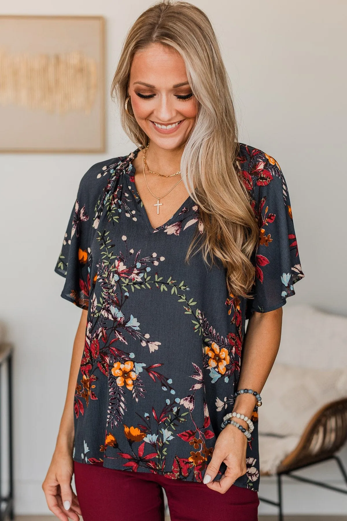 Forever Enchanted Floral Top- Navy